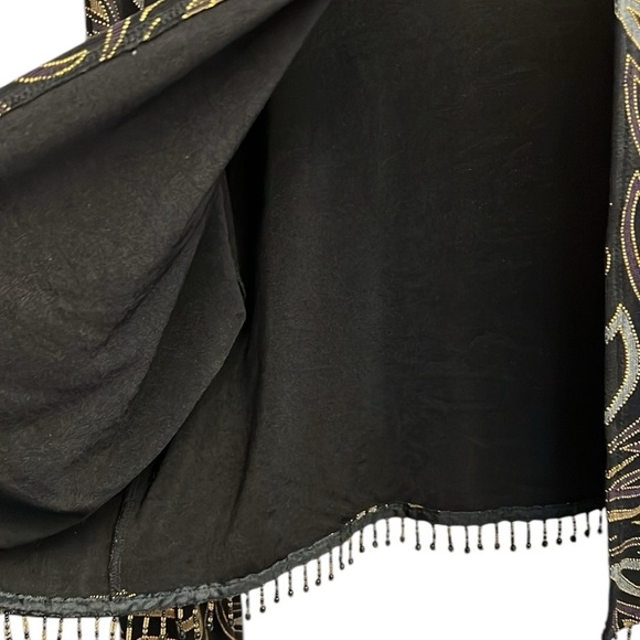 VTG Black Dressy Topper Jacket Black Metallic Beaded Fringe Long Sleeve Flowy 14 - Picture 9 of 14